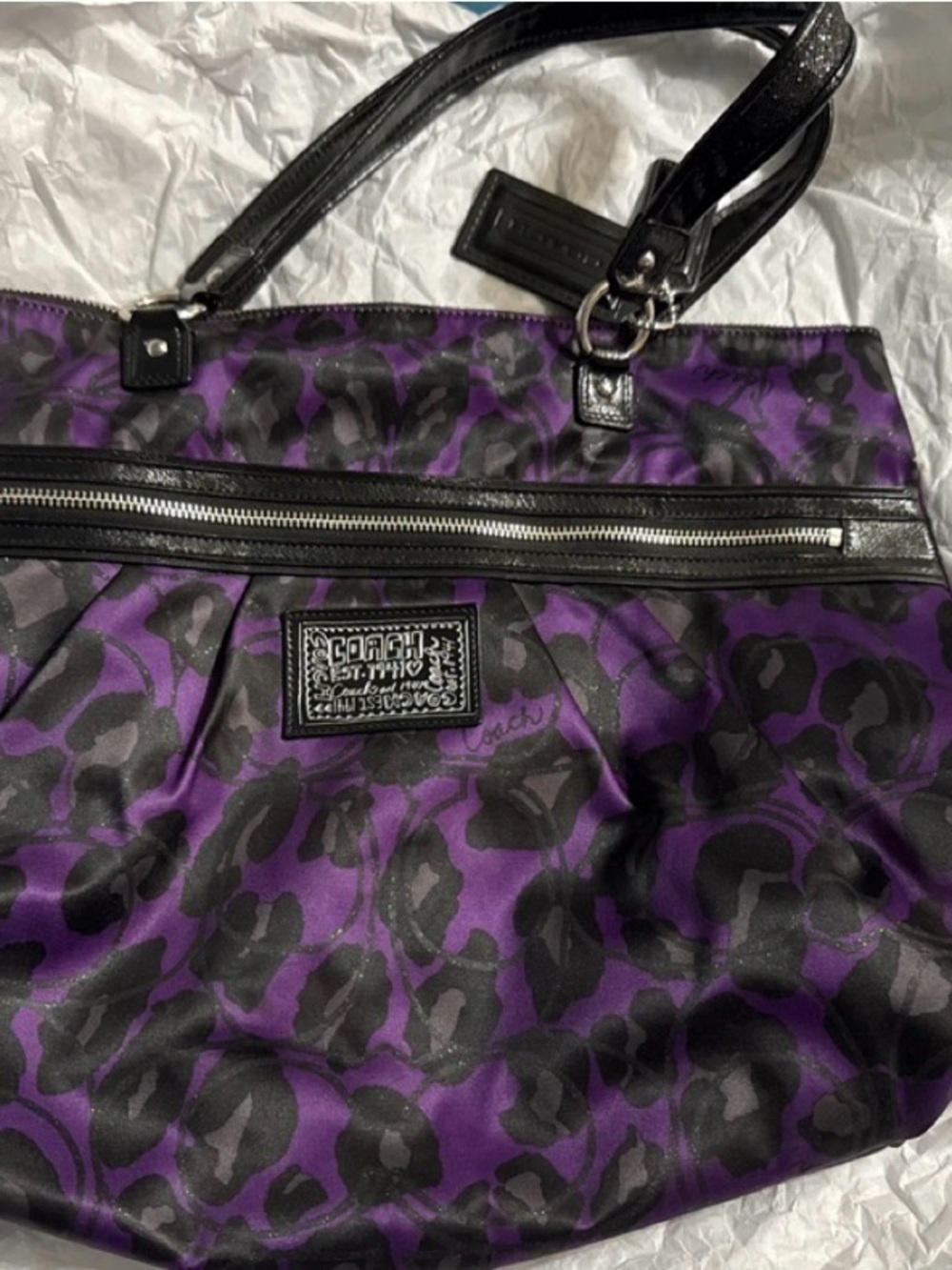 Coach Purple Leopard-Print Tote with Black Trim